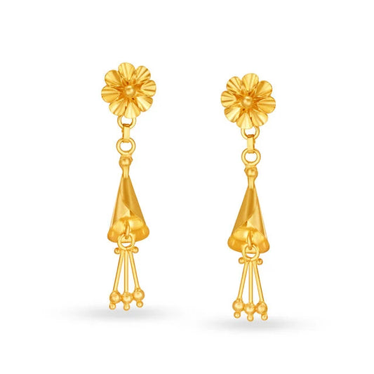 Modish 22 Karat Yellow Gold Floral Drop Earrings