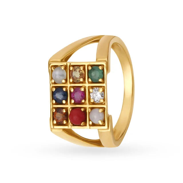 Vibrant 22 Karat Yellow Gold And Multi Stone Square Finger Ring With Diamond Stud