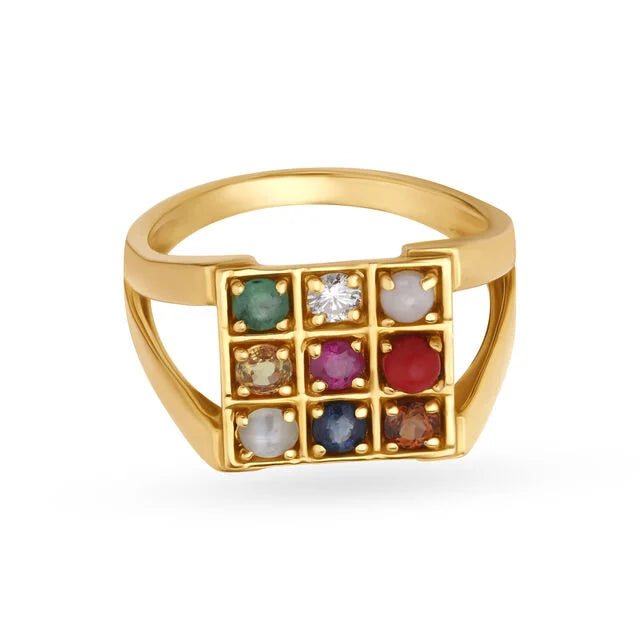 Vibrant 22 Karat Yellow Gold And Multi Stone Square Finger Ring With Diamond Stud