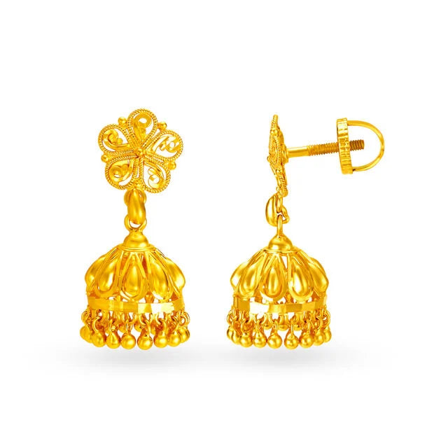 Eye-Pleasing 22 Karat Yellow Gold Flower Jhumka Earrings