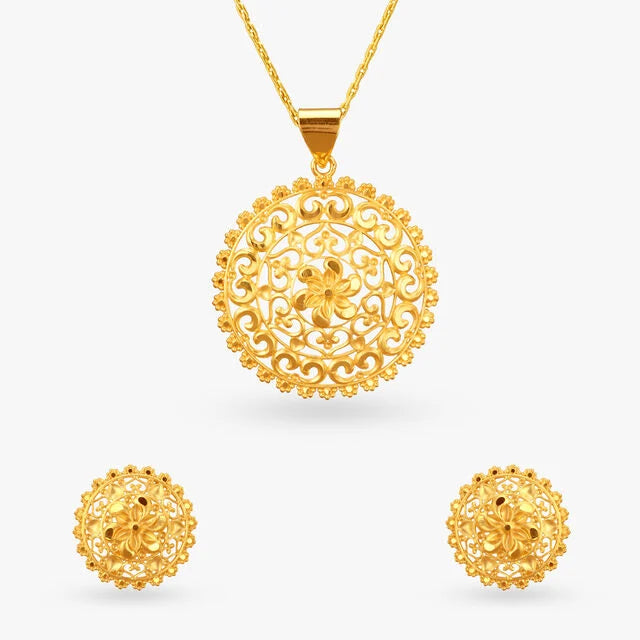 Royal Bloom Gold Pendant and Earrings Set