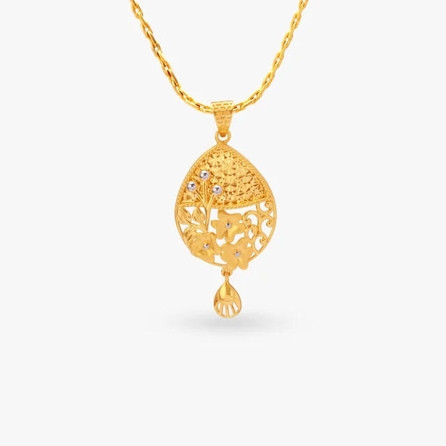 Exquisite Floral Drop Gold Pendant and Earrings Set