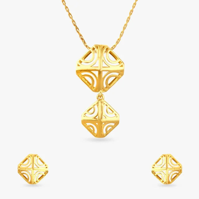 Sculpted Geometry Gold Pendant and Earrings Set